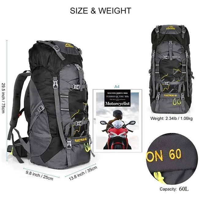 NACATIN Hiking Backpack with Bag Cover 60L Foldable and Lightweight for Men Women, Water-Resistant, Black