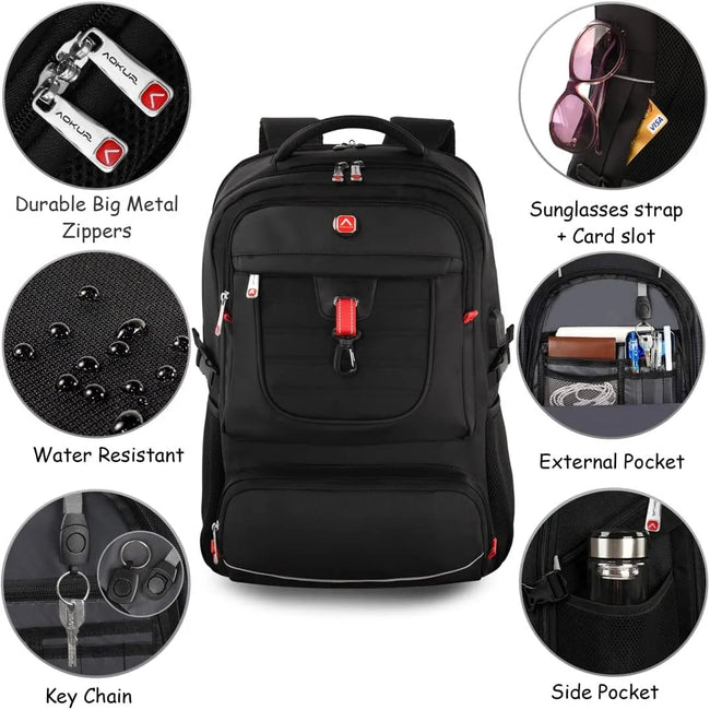 17 Inch Travel Laptop Backpack for Men Women, Aokur Extra Larger 50L Business Backpack with USB Charging Port, Carry on College School Anti Theft Computer Schoolbag Waterproof, Black