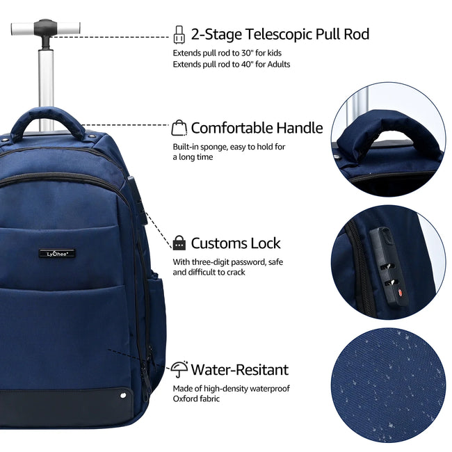Lychee 18in Rolling Backpack, Lightweight Unisex Business College Backpacks with Wheels, Waterproof Luggage Trolley Laptop Backpacks with Shoulder Straps, Blue