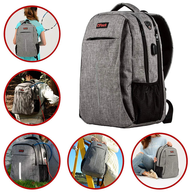 OPACK Travel Gray Backpack Anti Theft RFID Water Resistant Unisex 17" Laptop for College School Business