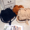 KangQi Women Solid Color Fringe Tassels Drawstring Crossbody Shoulder Suede Bucket Bag