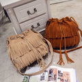 KangQi Women Solid Color Fringe Tassels Drawstring Crossbody Shoulder Suede Bucket Bag