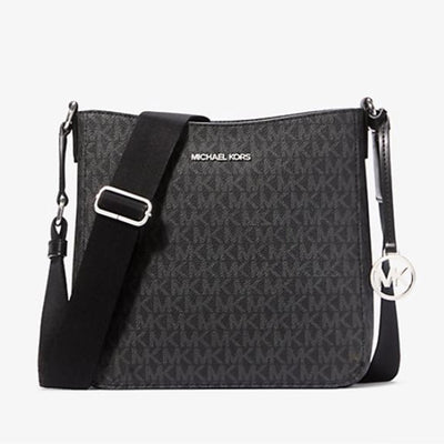 Michael Kors Jet Set Travel Small Shoulder Messenger Crossbody Bag (Black Signature/Silver Tone)