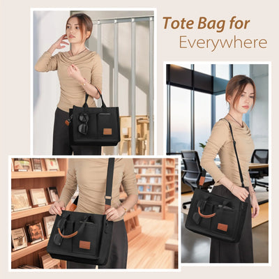 Canvas Tote Bag with Multi-Pocket for Women, Large Crossbody Shoulder Handbag Everything Tote Bag with Compartments, Laptop Work Bags Shoulder Travel Messenger Gym Totes, Black