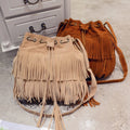 KangQi Women Solid Color Fringe Tassels Drawstring Crossbody Shoulder Suede Bucket Bag