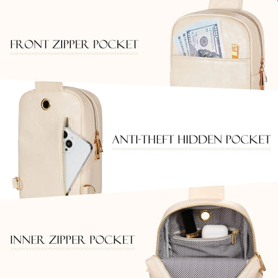 MoKo Leather Crossbody Sling Bag for Women Men, Small Trendy Crossbody Handbags Shoulder Bag for Travel Walking, Festivals Gifts, Beige