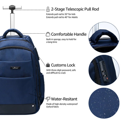 Lychee 18in Rolling Backpack, Lightweight Unisex Business College Backpacks with Wheels, Waterproof Luggage Trolley Laptop Backpacks with Shoulder Straps, Blue
