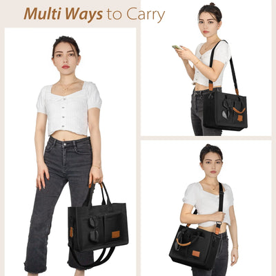 Canvas Tote Bag with Multi-Pocket for Women, Large Crossbody Shoulder Handbag Everything Tote Bag with Compartments, Laptop Work Bags Shoulder Travel Messenger Gym Totes, Black
