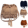 KangQi Women Solid Color Fringe Tassels Drawstring Crossbody Shoulder Suede Bucket Bag