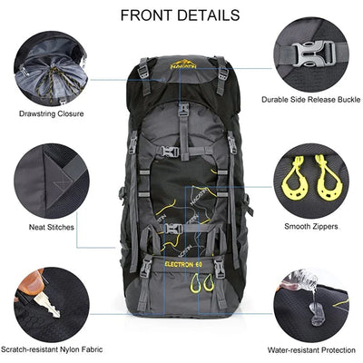 NACATIN Hiking Backpack with Bag Cover 60L Foldable and Lightweight for Men Women, Water-Resistant, Black