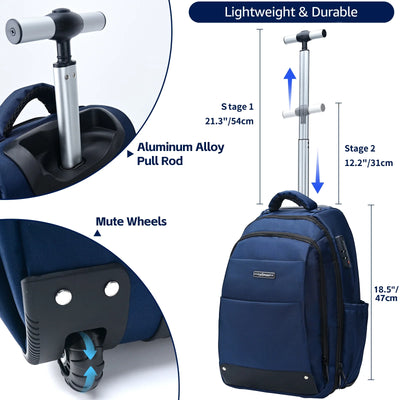 Lychee 18in Rolling Backpack, Lightweight Unisex Business College Backpacks with Wheels, Waterproof Luggage Trolley Laptop Backpacks with Shoulder Straps, Blue
